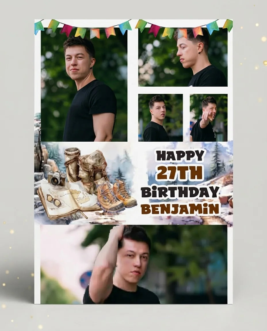Personalised Hiking Theme Birthday Party Mega Card displayed against a plain studio background