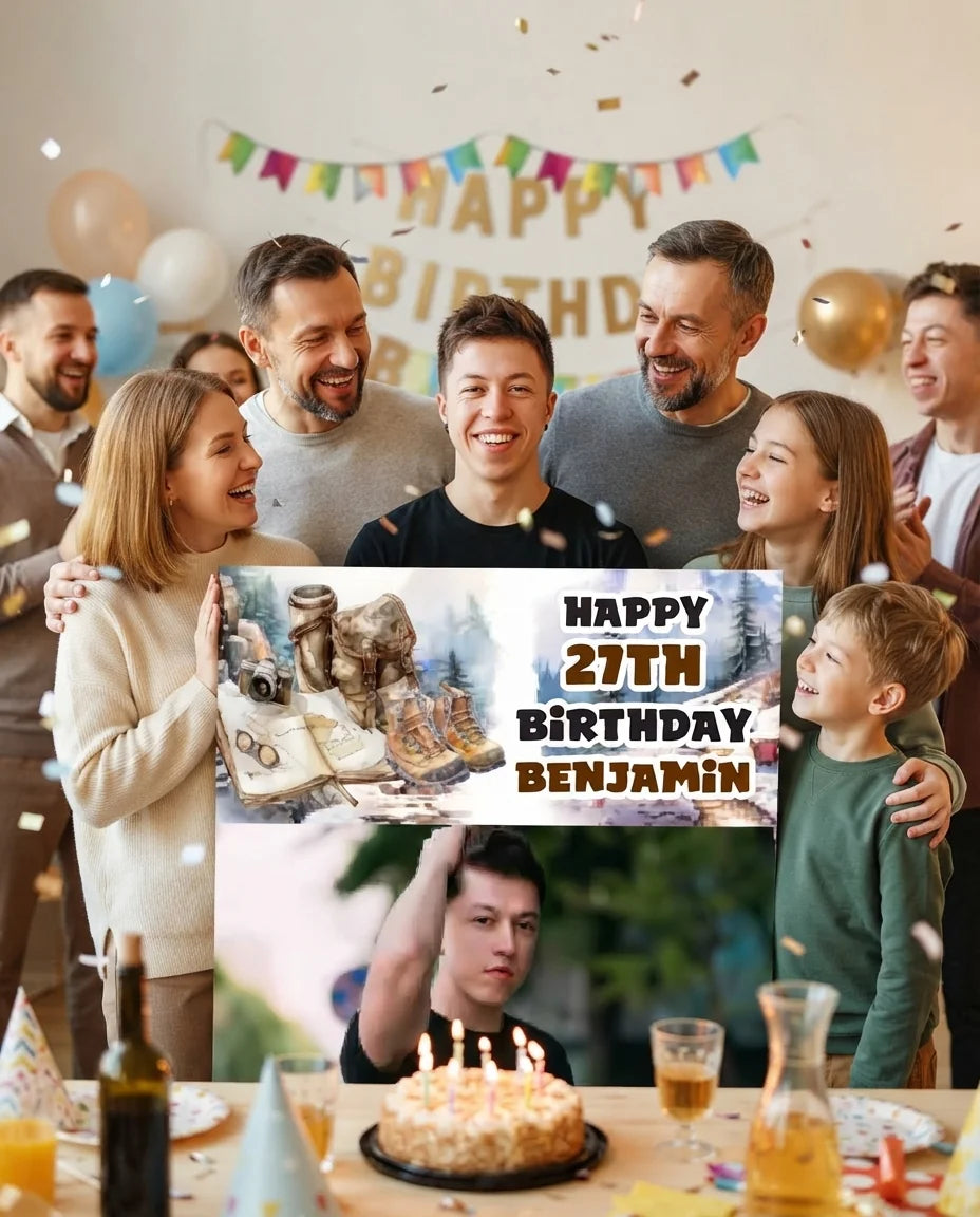 Friends and family celebrating with the personalised Hiking Theme Birthday Party Mega Card