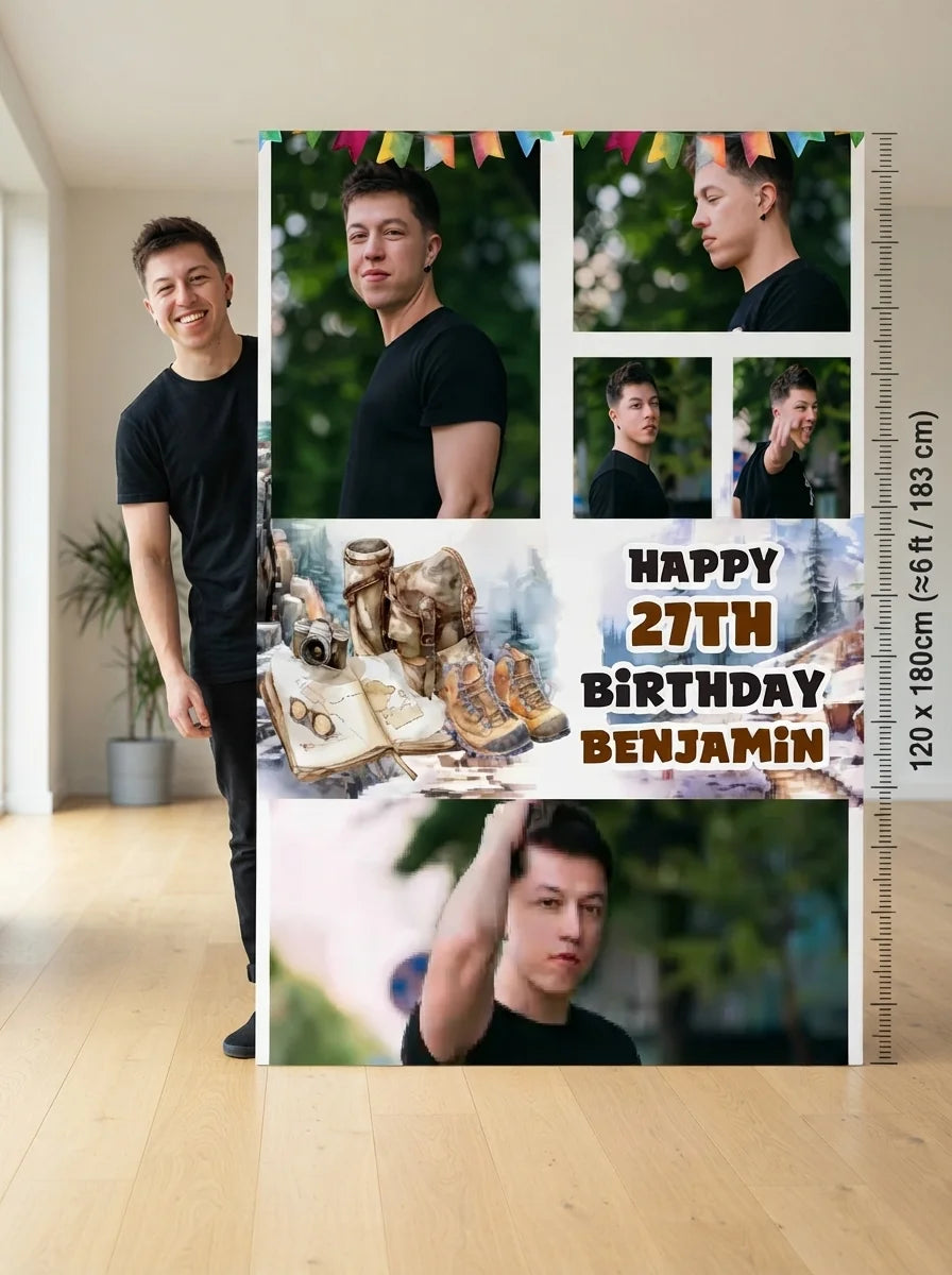 Person standing beside the Hiking Theme Birthday Party Mega Card for scale in a size guide