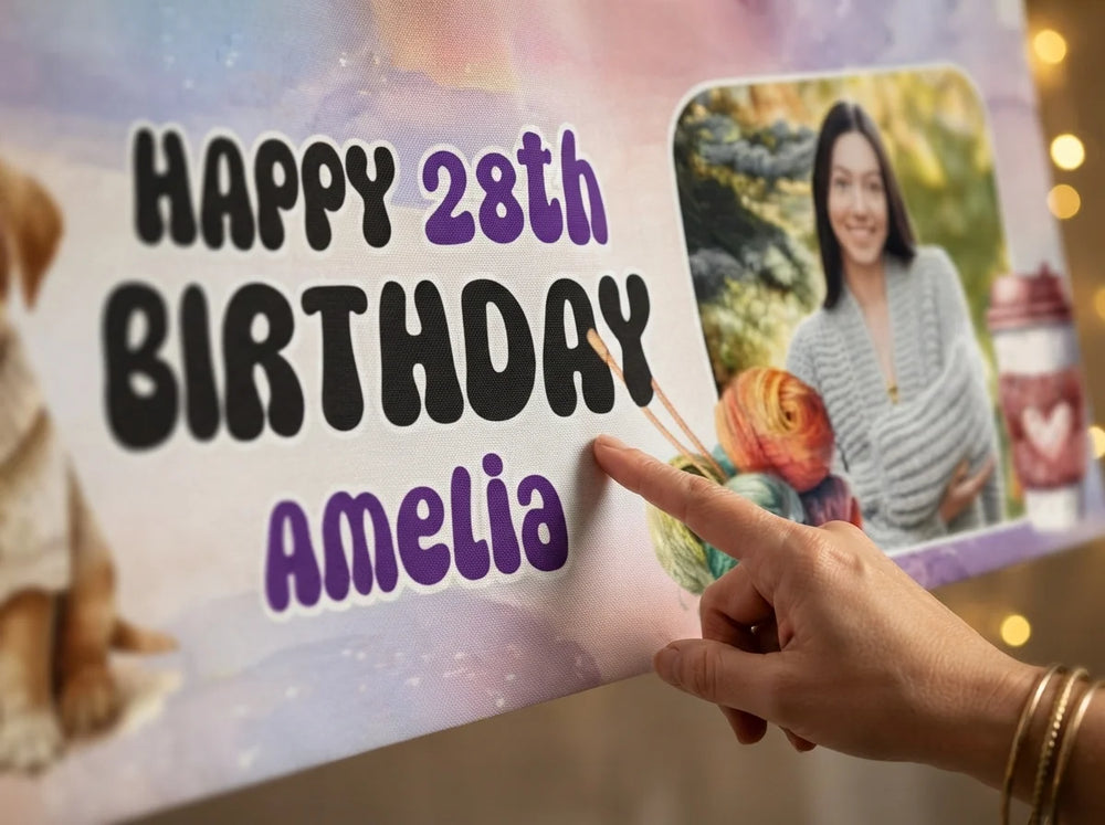 Close-up of the personalised name and photo printed on the Knitting Theme Birthday Party Banner
