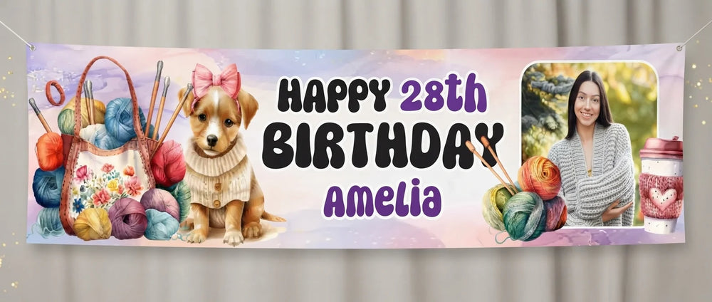 Personalised Knitting Theme Birthday Party Banner displayed against a plain studio background