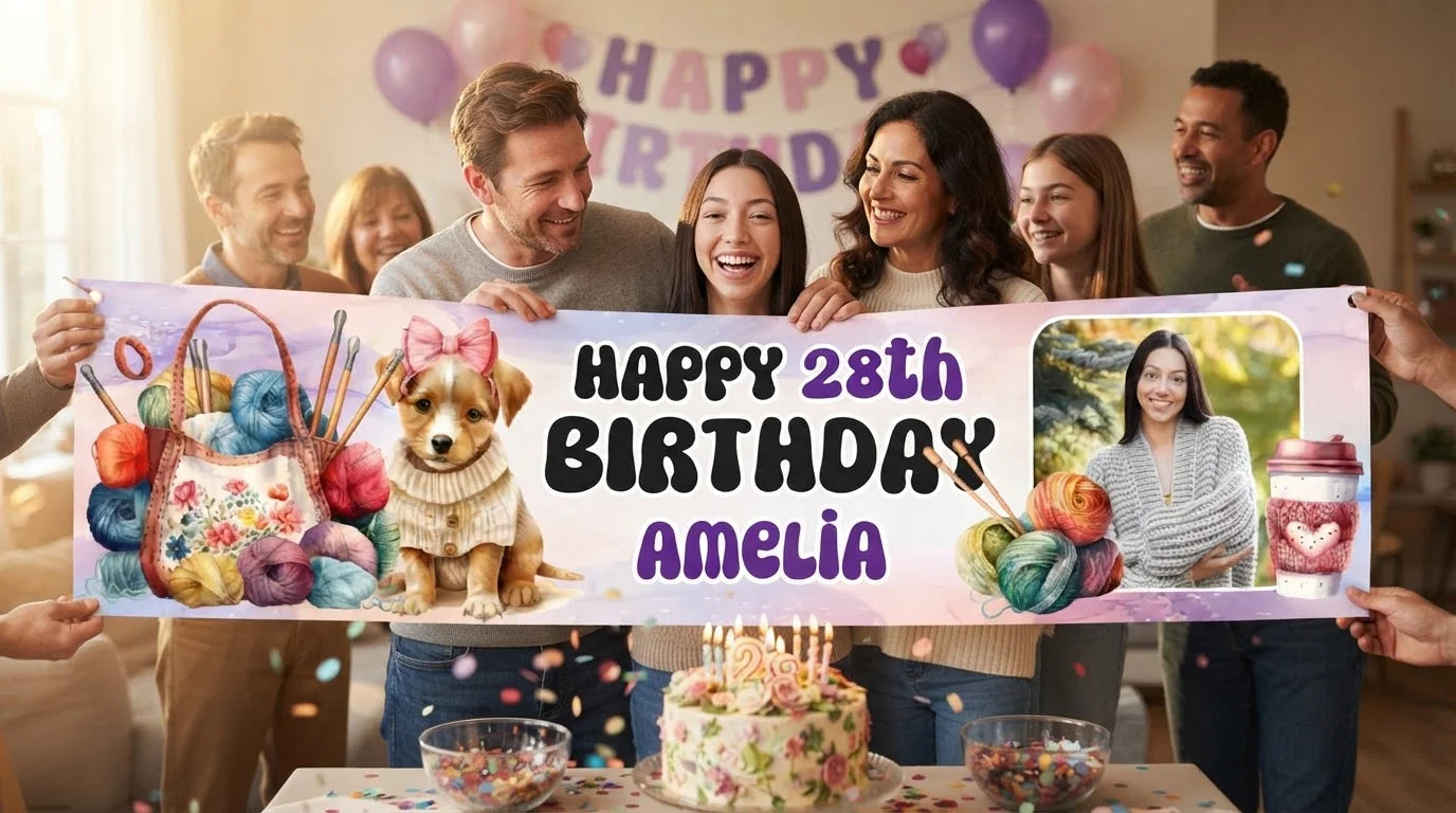 Friends and family celebrating with the personalised Knitting Theme Birthday Party Banner