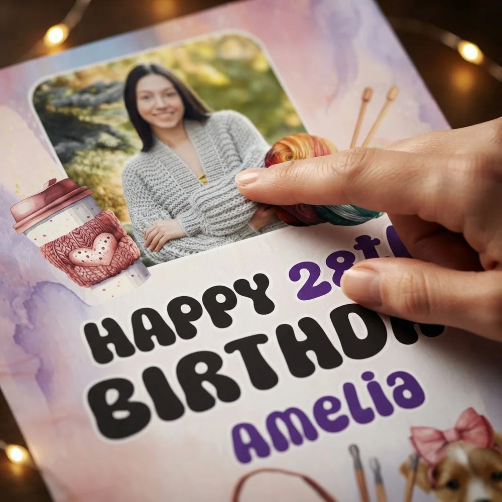 Close-up of the personalised name and photo printed on the Knitting Theme Birthday Party Mega Card