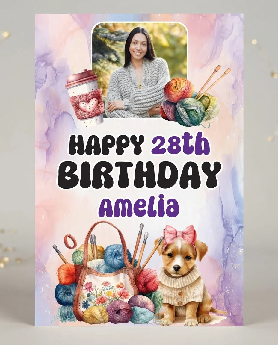 Personalised Knitting Theme Birthday Party Mega Card displayed against a plain studio background