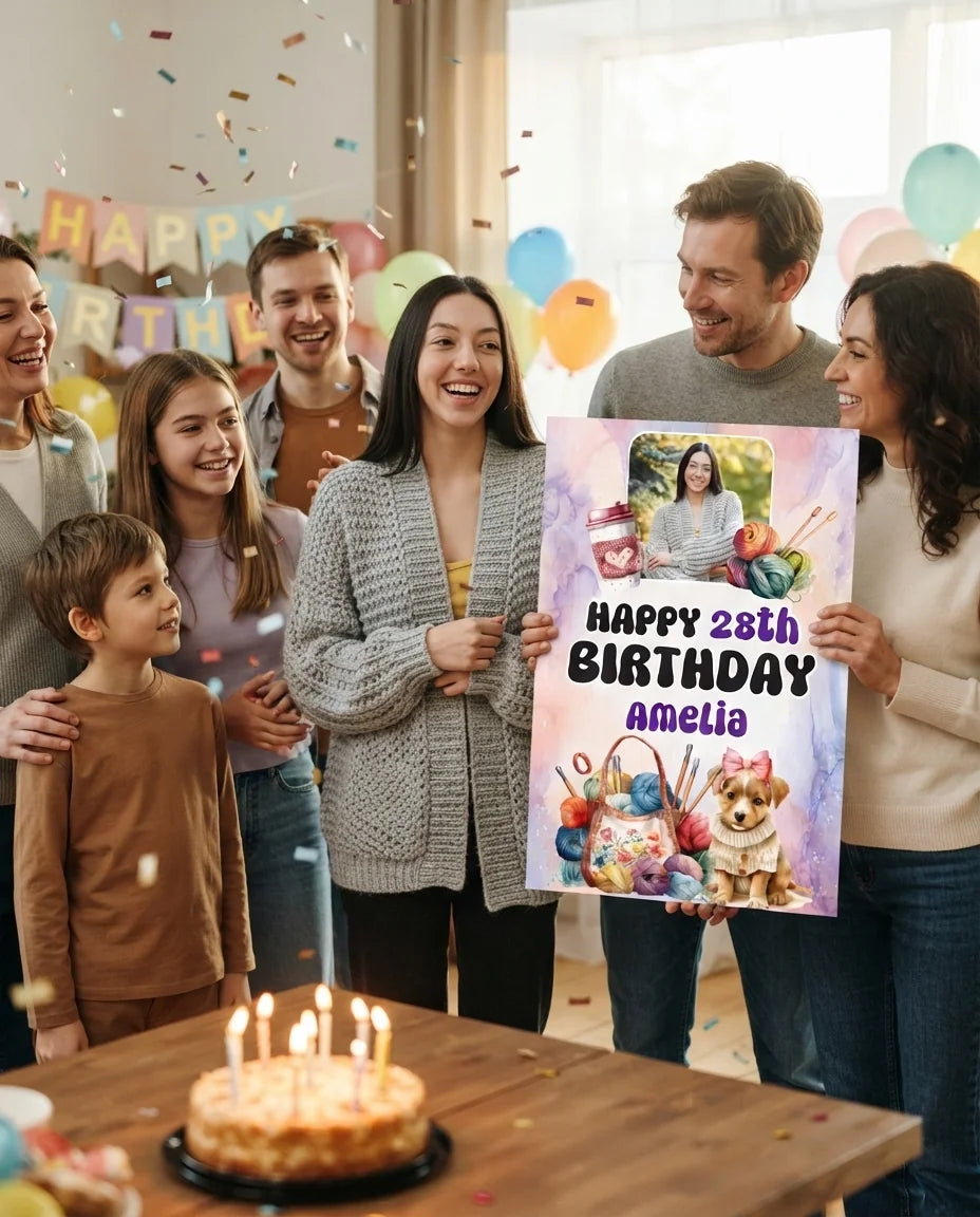 Friends and family celebrating with the personalised Knitting Theme Birthday Party Mega Card