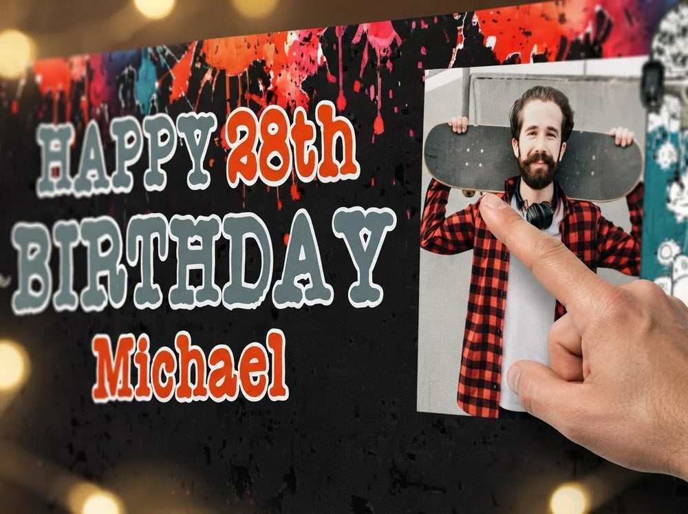 Close-up of the personalised name and photo printed on the Skateboard Theme Birthday Party Banner