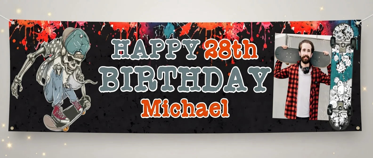 Personalised Skateboard Theme Birthday Party Banner displayed against a plain studio background