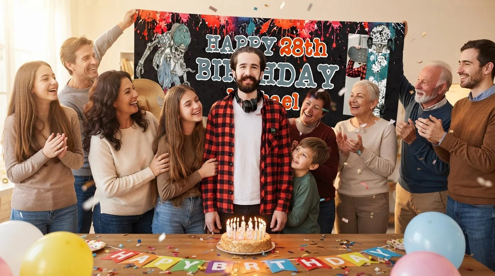 Friends and family celebrating with the personalised Skateboard Theme Birthday Party Banner