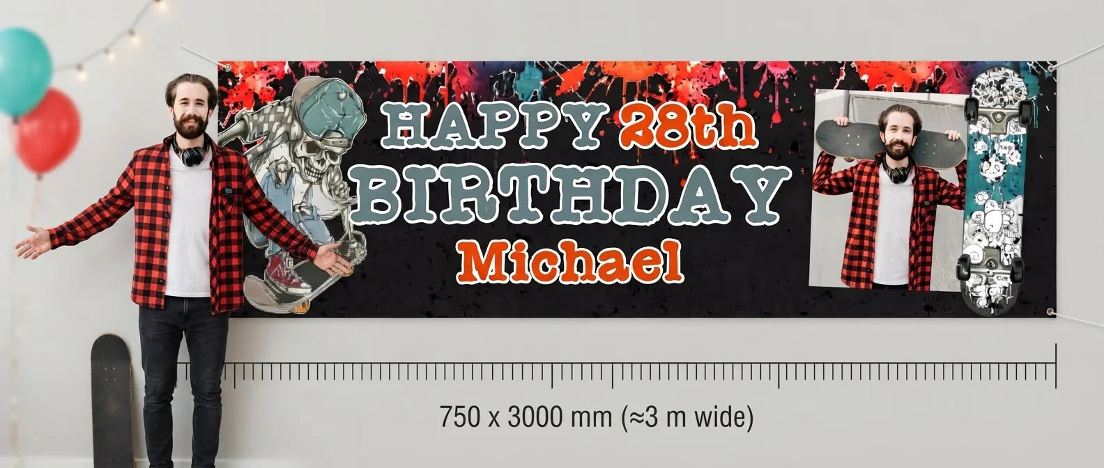 Person standing beside the Skateboard Theme Birthday Party Banner for scale, with size guide showing 750 x 3000 mm