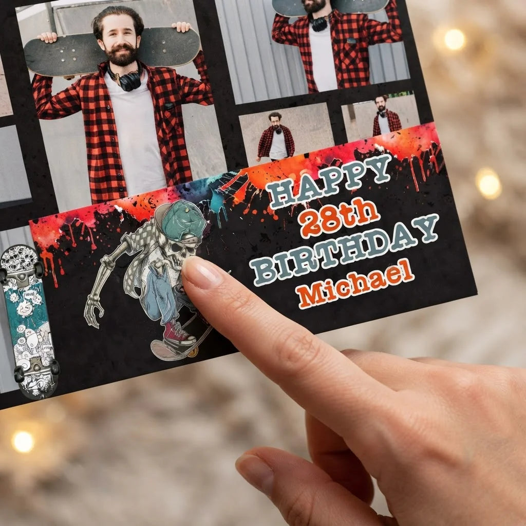 Close-up of the personalised name and photo printed on the Skateboard Theme Birthday Party Mega Card