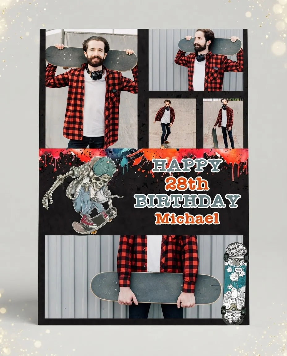Personalised Skateboard Theme Birthday Party Mega Card displayed against a plain studio background