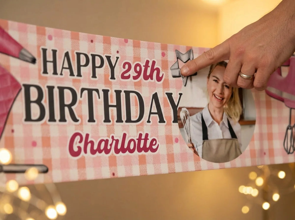 Close-up of the personalised name and photo printed on the Baking Theme Birthday Party Banner
