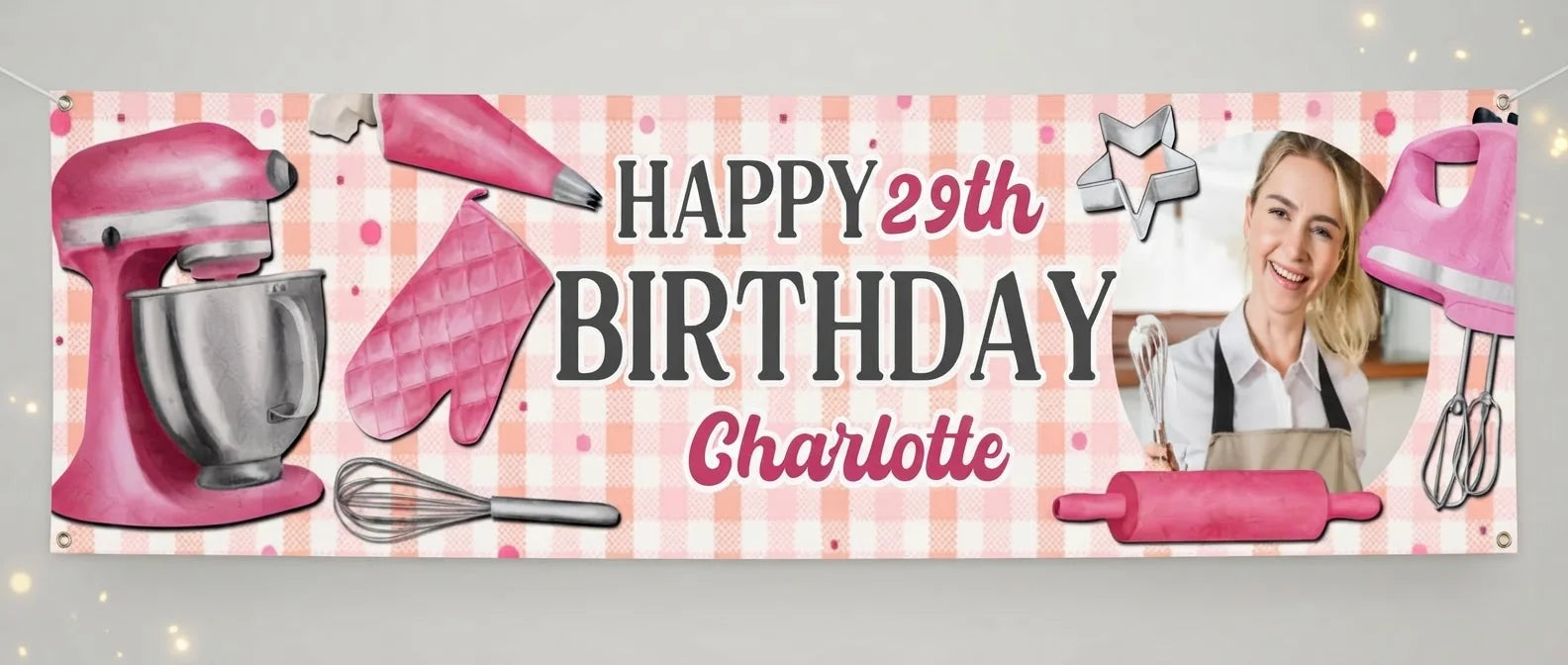 Personalised Baking Theme Birthday Party Banner displayed against a plain studio background