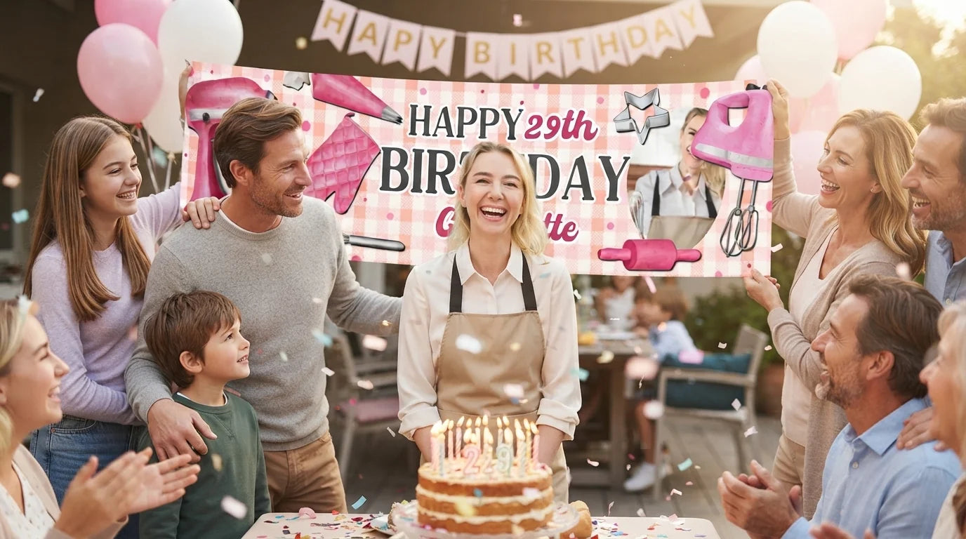 Friends and family celebrating with the personalised Baking Theme Birthday Party Banner