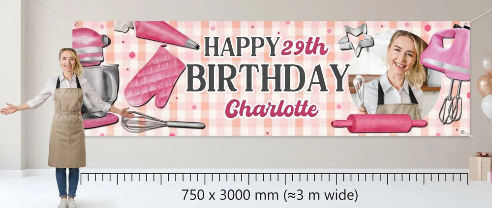 Person standing beside the Baking Theme Birthday Party Banner for scale, with size guide showing 750 x 3000 mm
