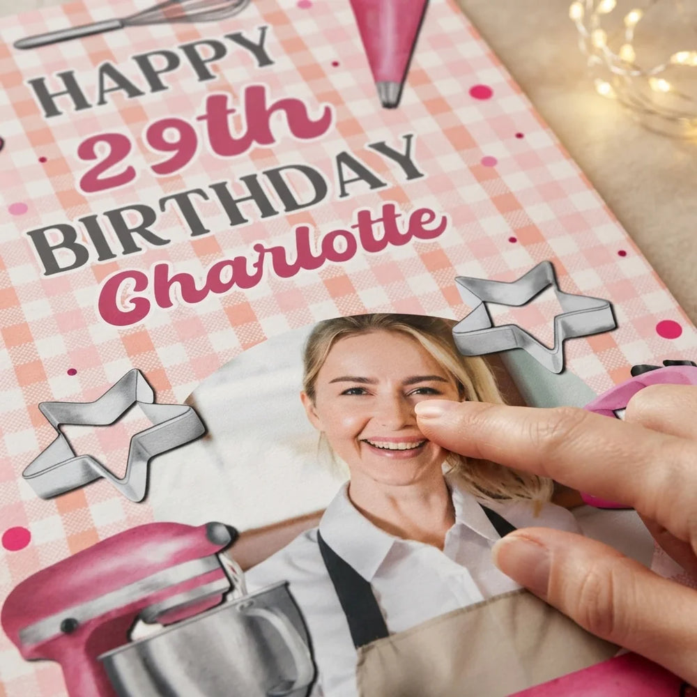 Close-up of the personalised name and photo printed on the Baking Theme Birthday Party Mega Card