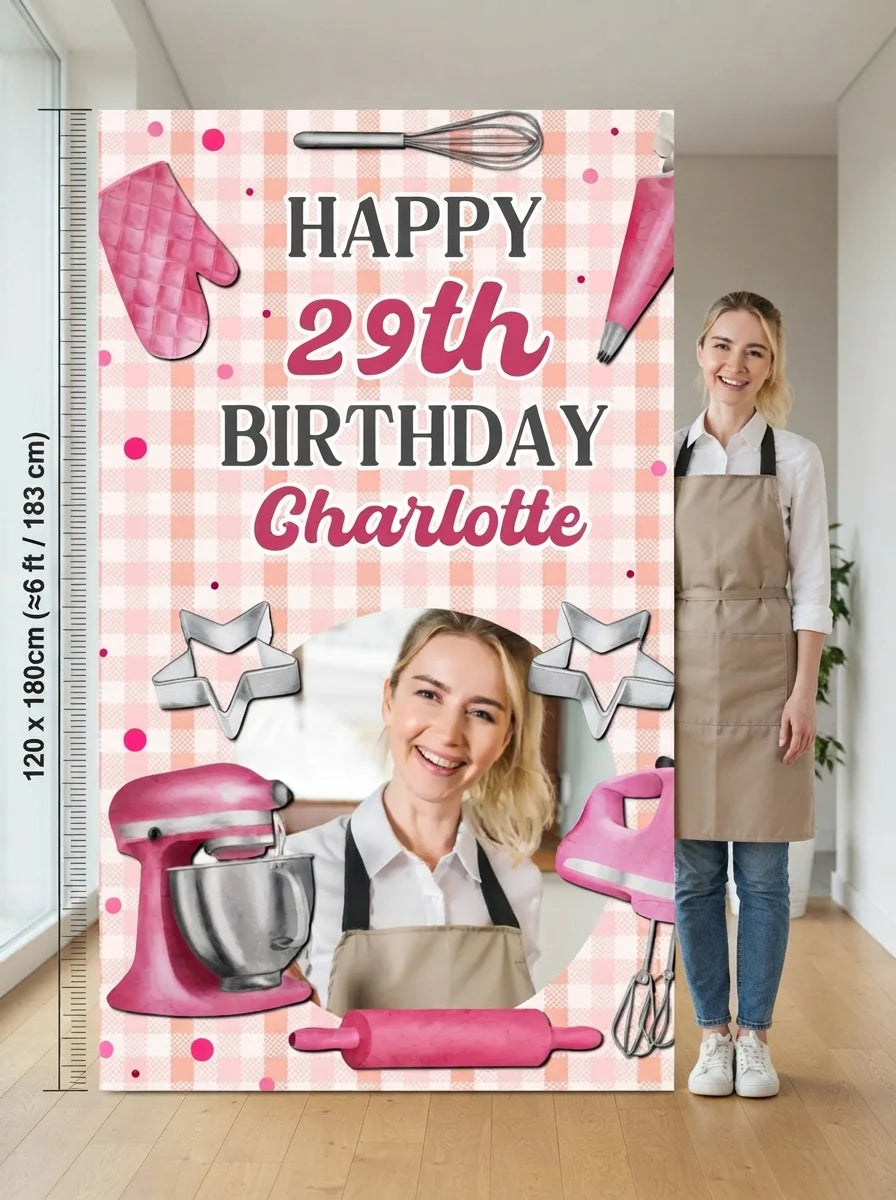 Person standing beside the Baking Theme Birthday Party Mega Card for scale in a size guide