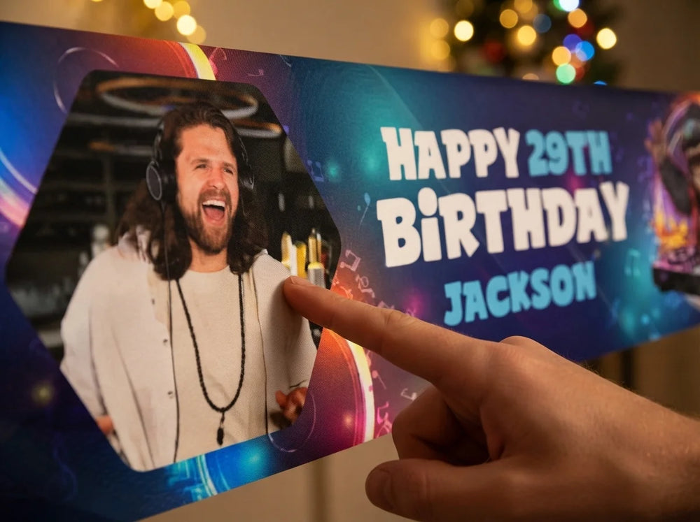 Close-up of the personalised name and photo printed on the DJ Theme Birthday Party Banner