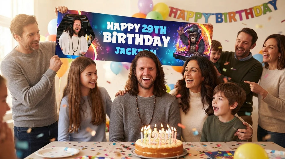 Friends and family celebrating with the personalised DJ Theme Birthday Party Banner