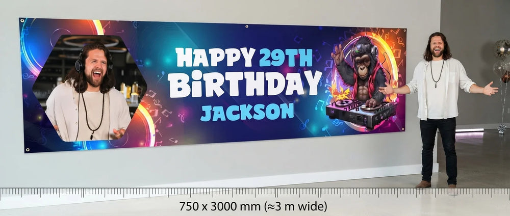 Person standing beside the DJ Theme Birthday Party Banner for scale, with size guide showing 750 x 3000 mm