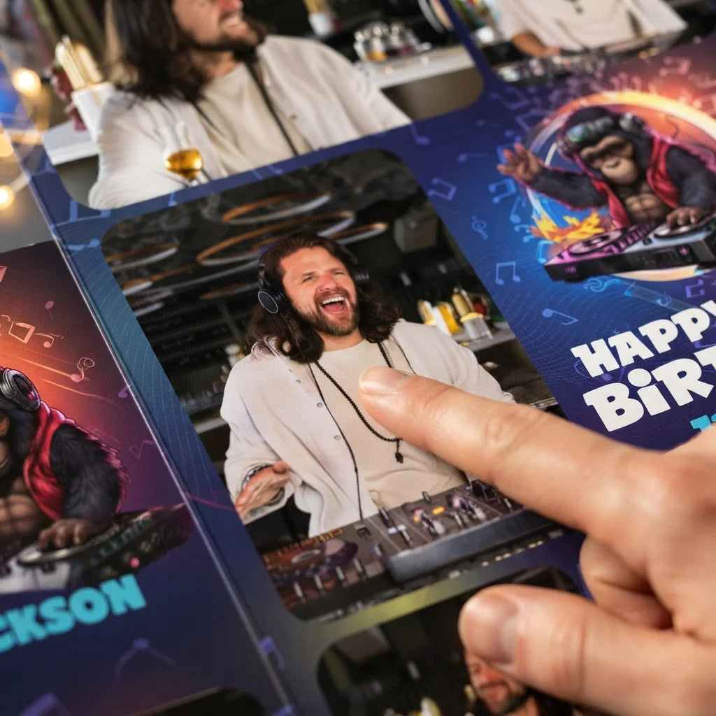 Close-up of the personalised name and photo printed on the DJ Theme Birthday Party Mega Card