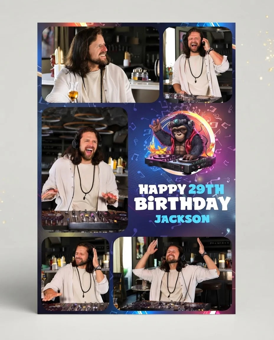 Personalised DJ Theme Birthday Party Mega Card displayed against a plain studio background