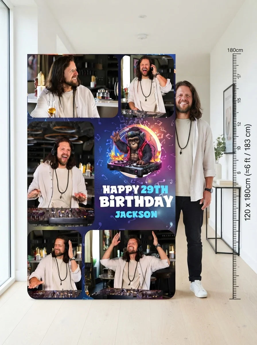 Person standing beside the DJ Theme Birthday Party Mega Card for scale in a size guide