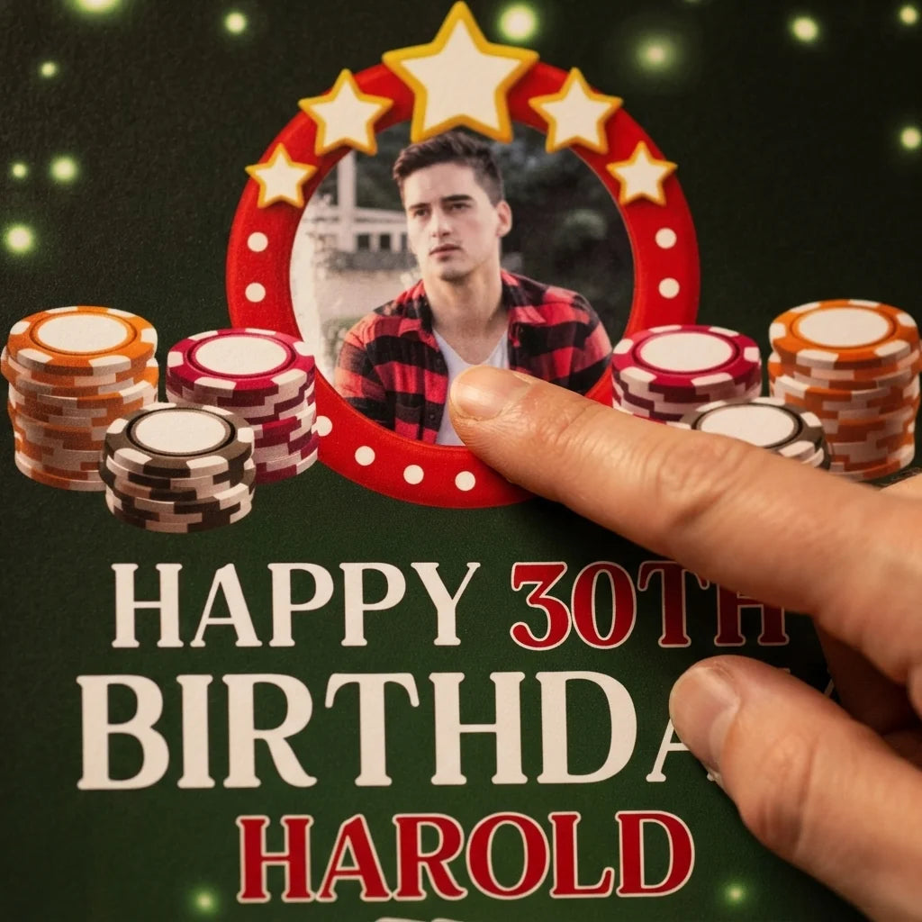 Close-up of the personalised name and photo printed on the Casino Theme Birthday Party Mega Card