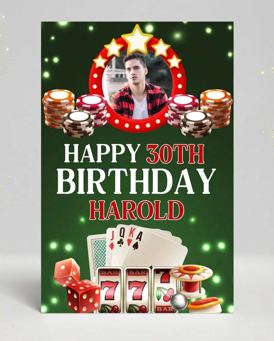 Personalised Casino Theme Birthday Party Mega Card displayed against a plain studio background