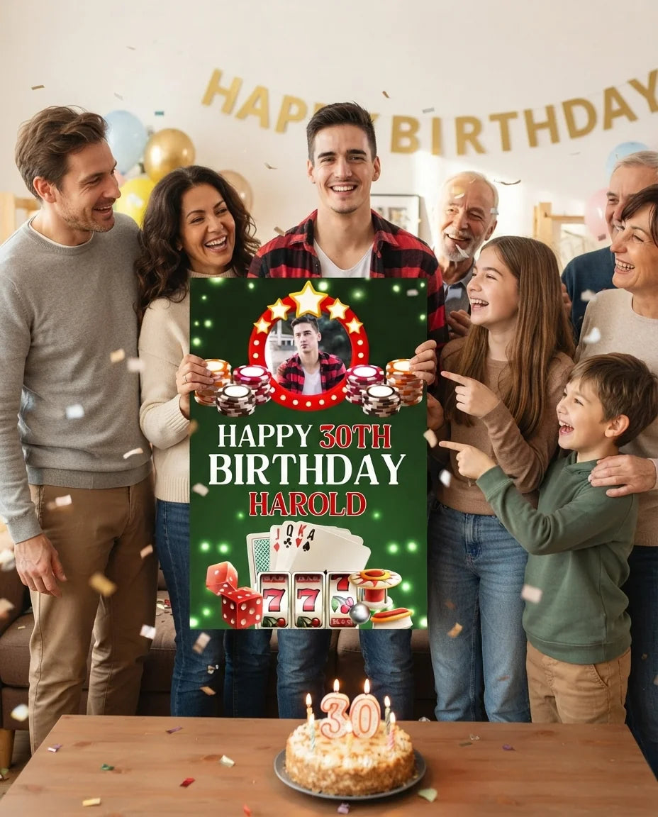 Friends and family celebrating with the personalised Casino Theme Birthday Party Mega Card