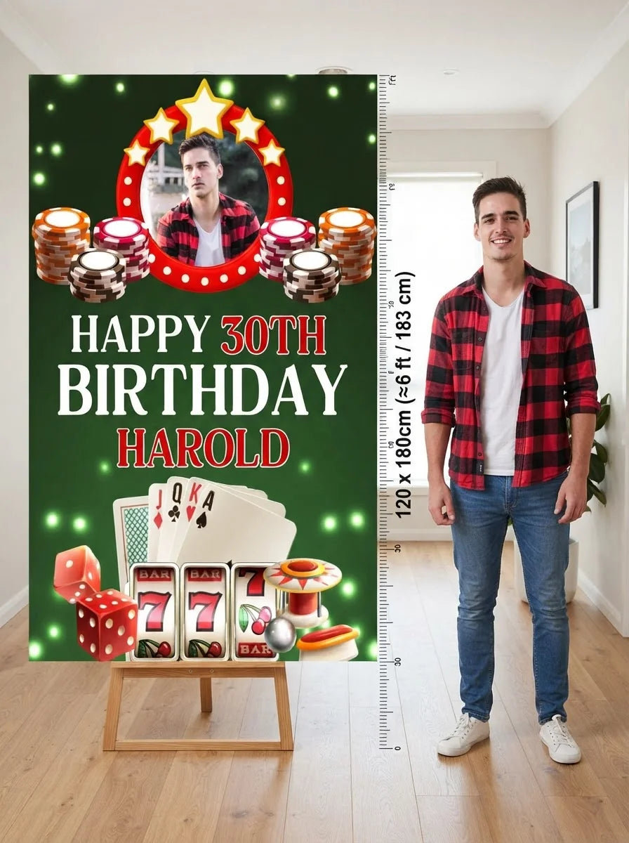 Person standing beside the Casino Theme Birthday Party Mega Card for scale in a size guide