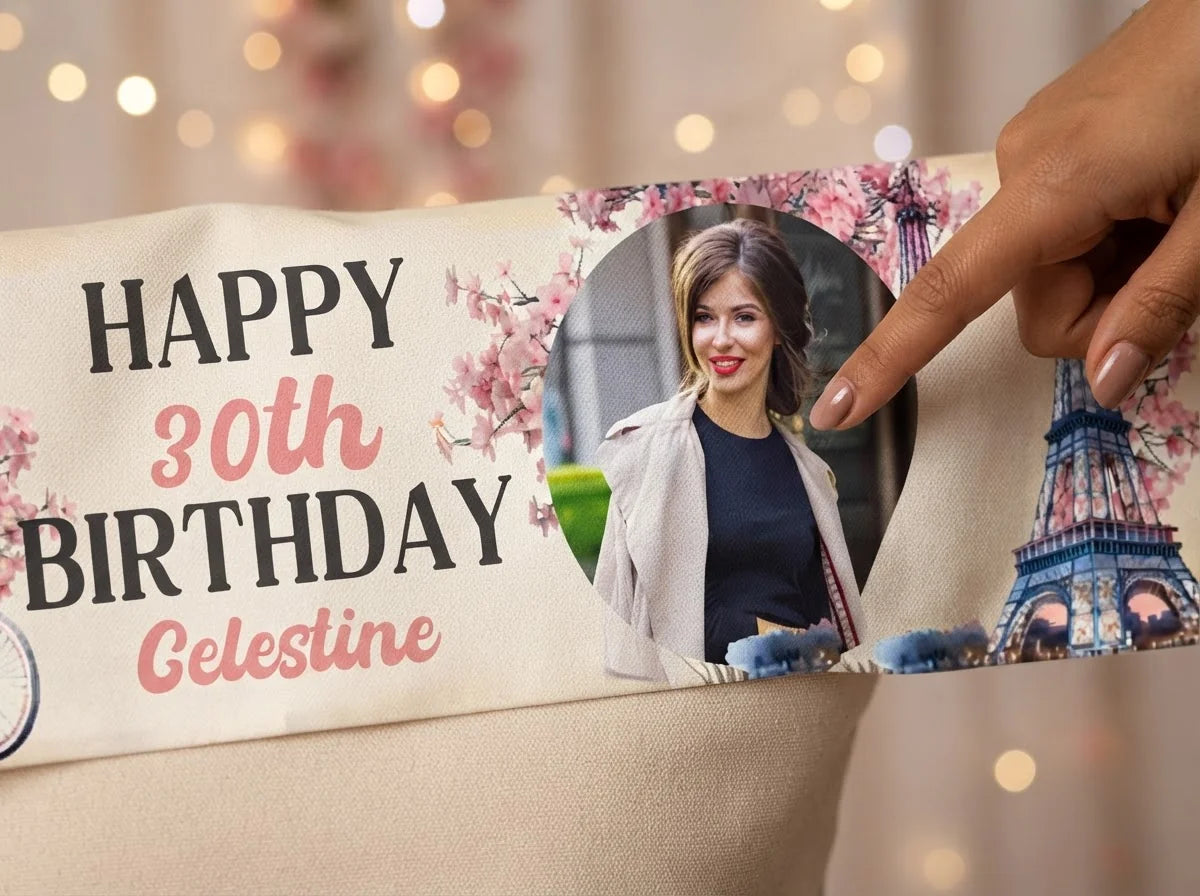 Close-up of the personalised name and photo printed on the Ooh La La Paris Birthday Party Banner