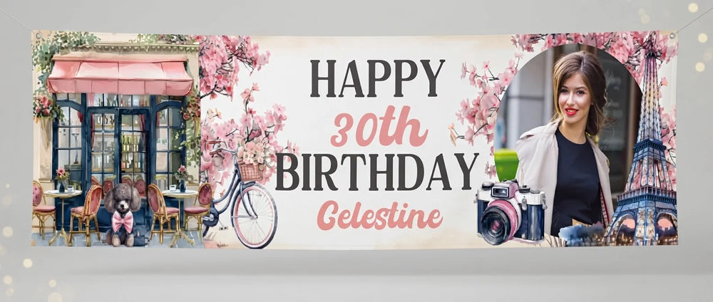 Personalised Ooh La La Paris Birthday Party Banner displayed against a plain studio background
