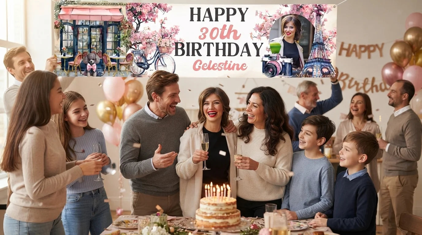 Friends and family celebrating with the personalised Ooh La La Paris Birthday Party Banner