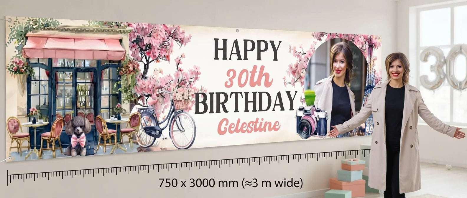 Person standing beside the Ooh La La Paris Birthday Party Banner for scale, with size guide showing 750 x 3000 mm