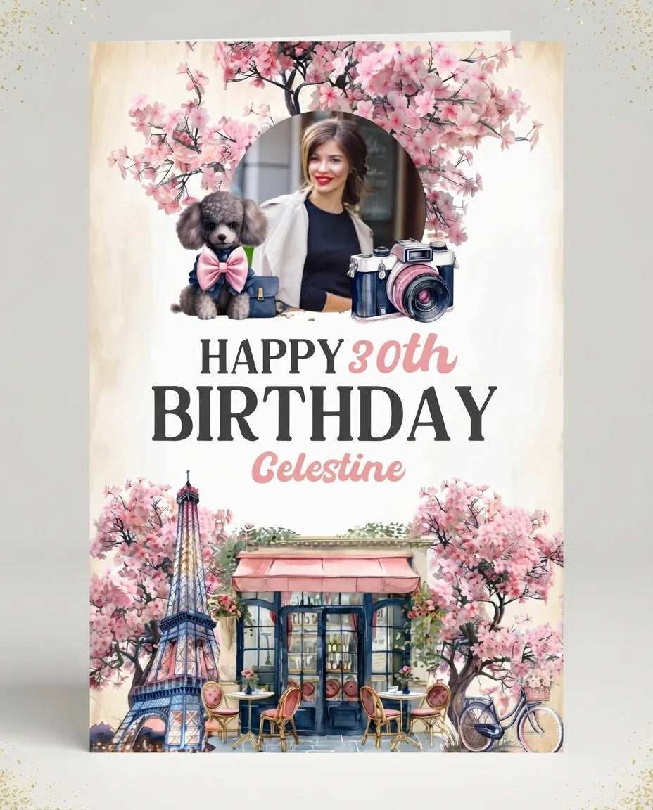 Personalised Ooh La La Paris Birthday Party Mega Card displayed against a plain studio background