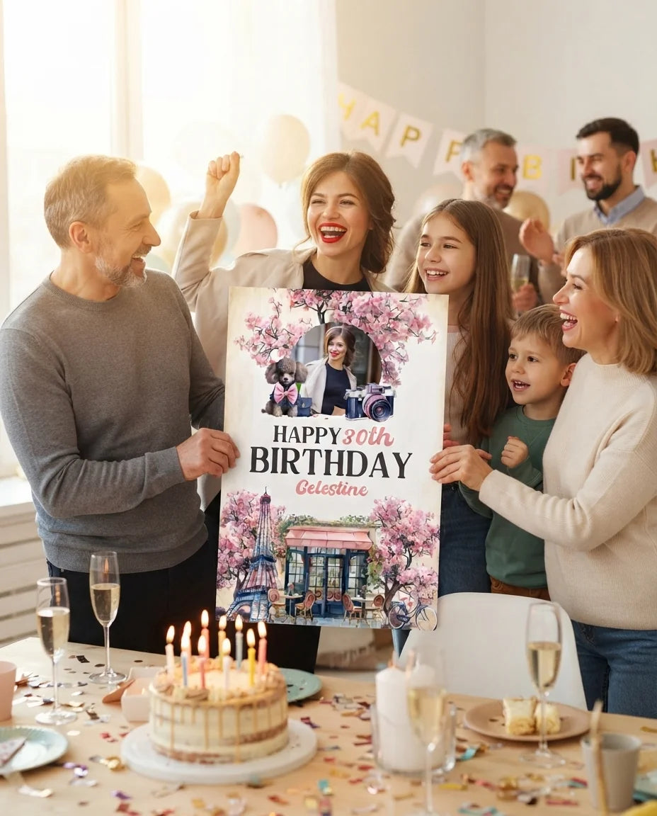 Friends and family celebrating with the personalised Ooh La La Paris Birthday Party Mega Card