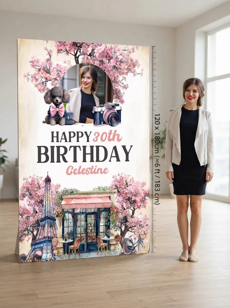 Person standing beside the Ooh La La Paris Birthday Party Mega Card for scale in a size guide