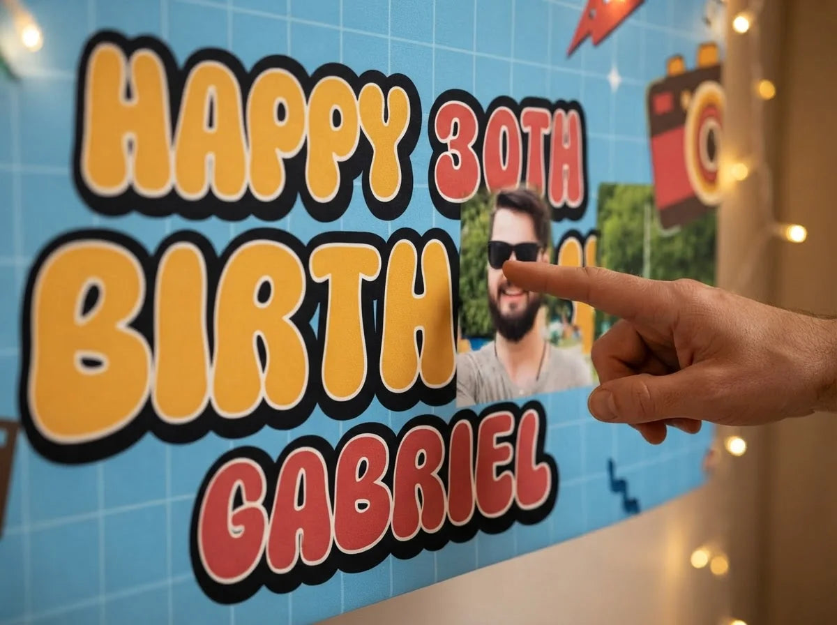 Close-up of the personalised name and photo printed on the Vintage Camera Birthday Party Banner