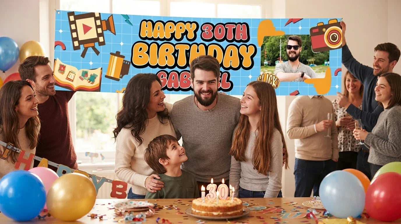 Friends and family celebrating with the personalised Vintage Camera Birthday Party Banner