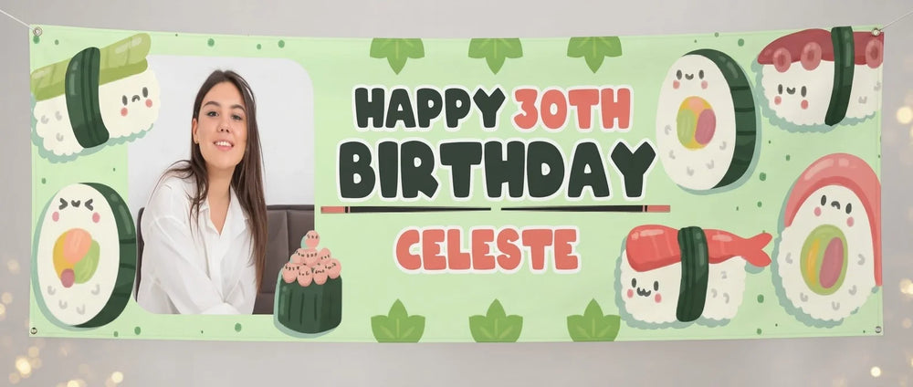 Personalised Sushi Theme Birthday Party Banner displayed against a plain studio background