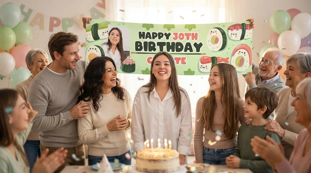 Friends and family celebrating with the personalised Sushi Theme Birthday Party Banner