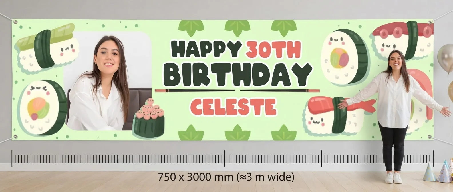 Person standing beside the Sushi Theme Birthday Party Banner for scale, with size guide showing 750 x 3000 mm
