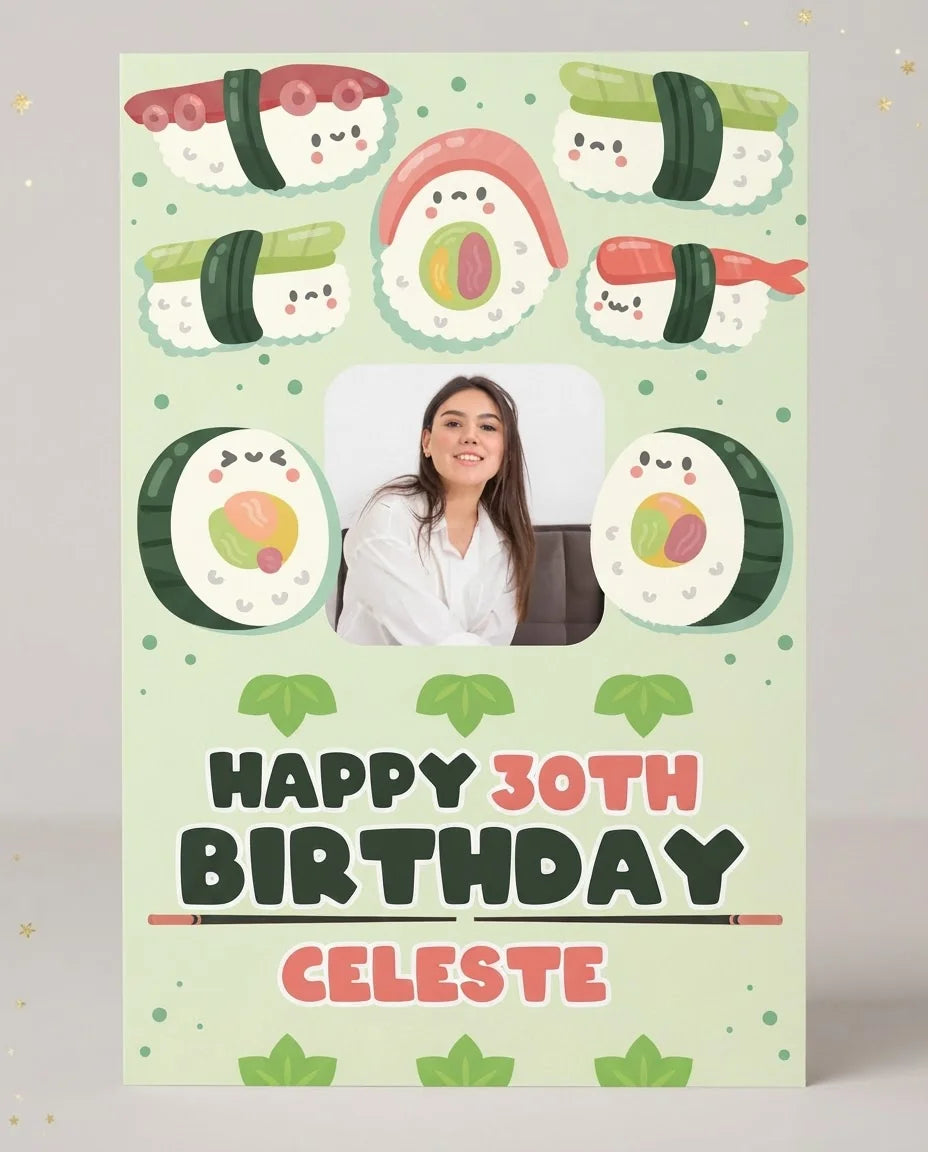 Personalised Sushi Theme Birthday Mega Card displayed against a plain studio background