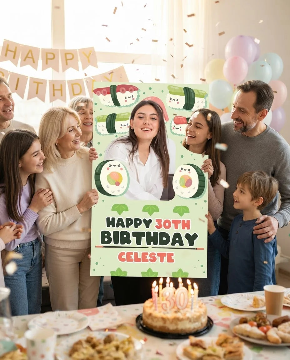 Friends and family celebrating with the Personalised Sushi Theme Birthday Mega Card
