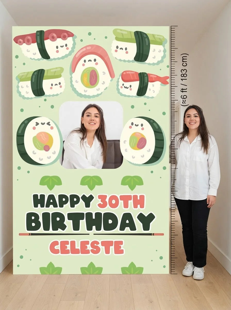 Person standing beside the Personalised Sushi Theme Birthday Mega Card for scale in a size guide