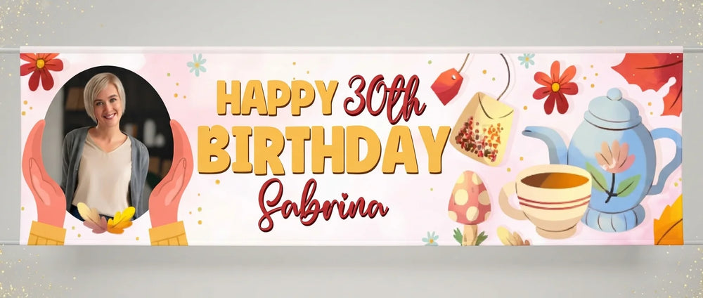 Personalised Tea Party Birthday Banner displayed against a plain studio background