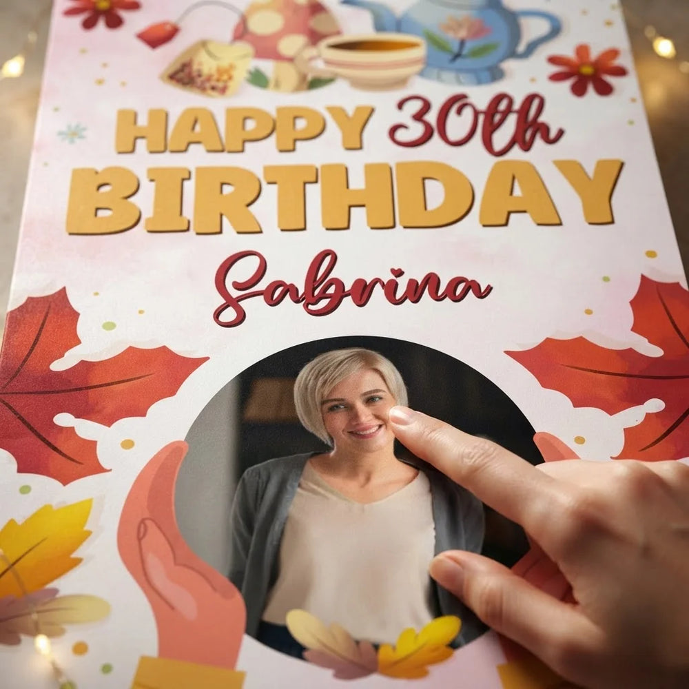 Close-up of the personalised name and photo printed on the Tea Party Birthday Mega Card