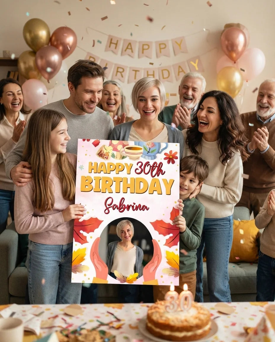 Friends and family celebrating with the personalised Tea Party Birthday Mega Card