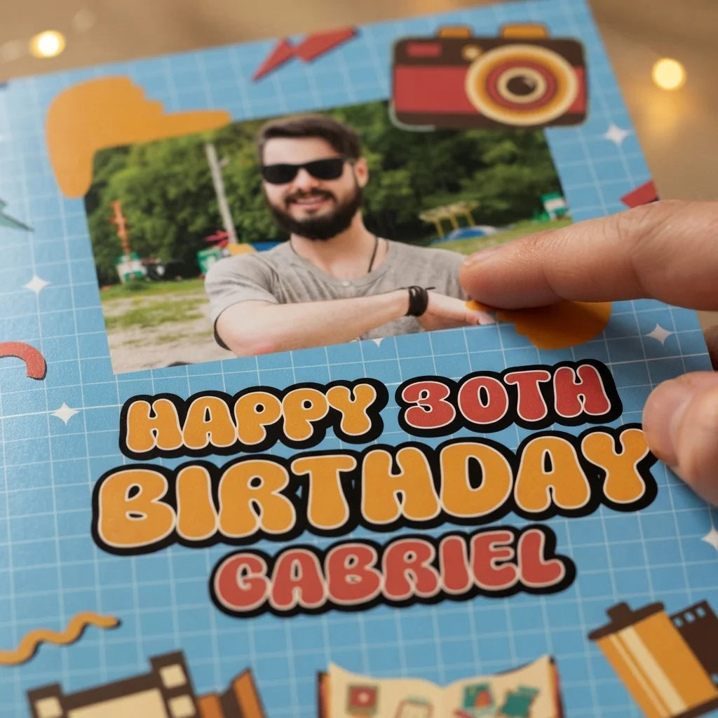Close-up of the personalised name and photo printed on the Vintage Camera Birthday Party Mega Card
